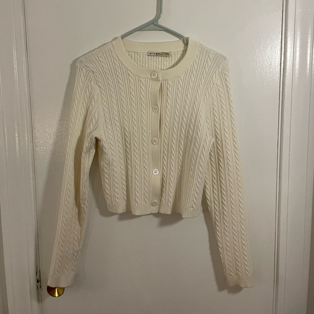 Alice + Olivia cropped white knit cardigan size large